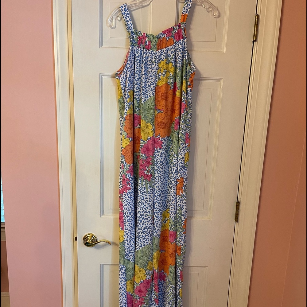 Caroline Hill Blue Cheetah Floral Jumpsuit Size Large